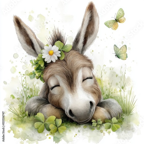 A fluffy cartoon donkey with a flower hat lies comfortably on a bed of clover, as watercolor butterflies gently flutter nearby in the warm breeze. photo