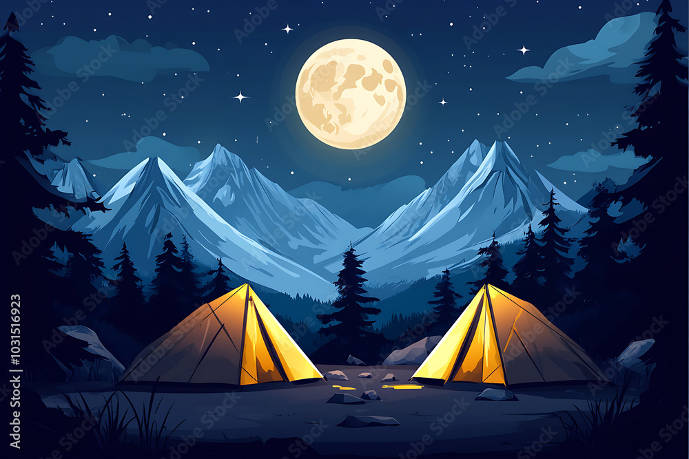 A serene campsite at night with glowing tents under a full moon and mountains. A serene campsite at night with glowing tents under a full moon and mountains.
