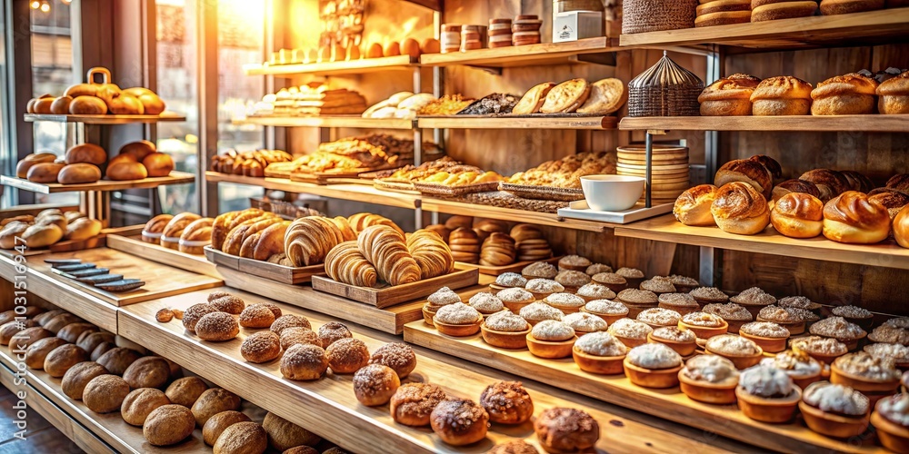 A bakery display overflowing with freshly baked breads, pastries, and sweet treats, all arranged on wooden shelves with warm lighting illuminating the tempting array. A bakery display overflowing with freshly baked breads, pastries, and sweet treats, all arranged on wooden shelves with warm lighting illuminating the tempting array.