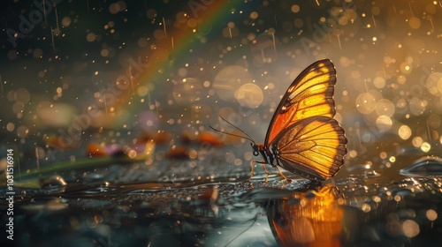 Butterfly in Rain with Bokeh and Rainbow Effects