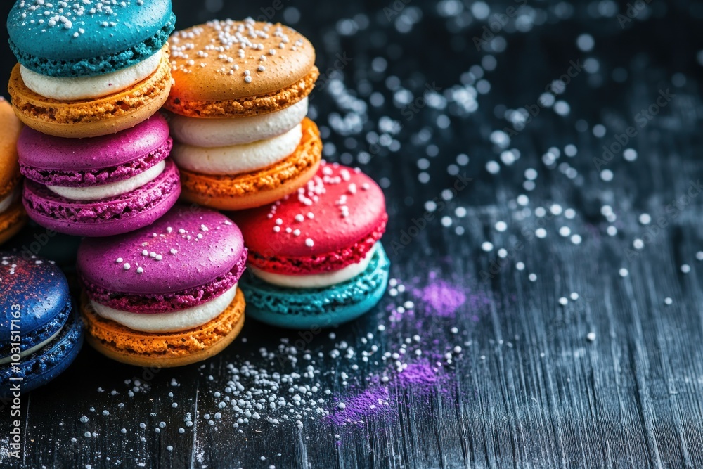 Fototapeta premium Stack of Colorful Macarons on Black Background