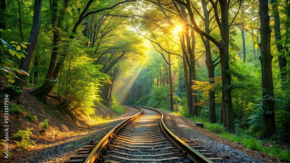 Fototapeta premium A Sunlit Pathway Through a Verdant Forest, Leading Toward a Distant Horizon