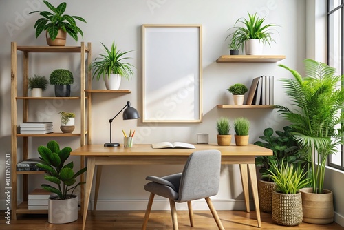 Modern Poster Frame Mockup in Stylish Workspace Interior with Decorations, 3D Illustration and Rendering for Creative