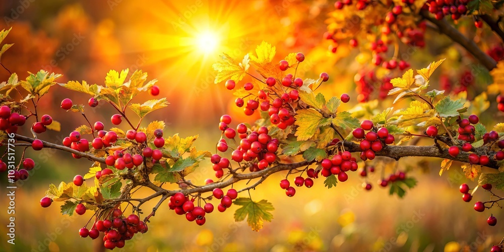 Autumnal Branch Adorned with Ruby Berries and Golden Hues Autumnal Branch Adorned with Ruby Berries and Golden Hues