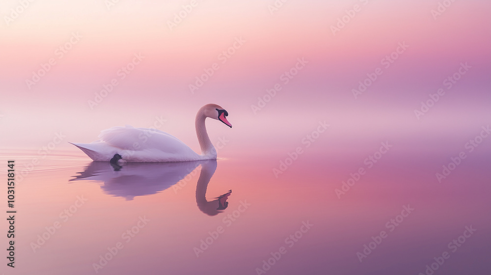 Fototapeta premium A graceful white swan gliding smoothly across the surface of a still lake, its reflection perfectly mirrored in the water. v2