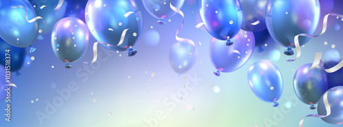 Blue birthday or anniversary horizontal banner with flying helium balloons and confetti ribbons. Realistic 3d vector illustration of holiday surprise celebration and congratulation template.