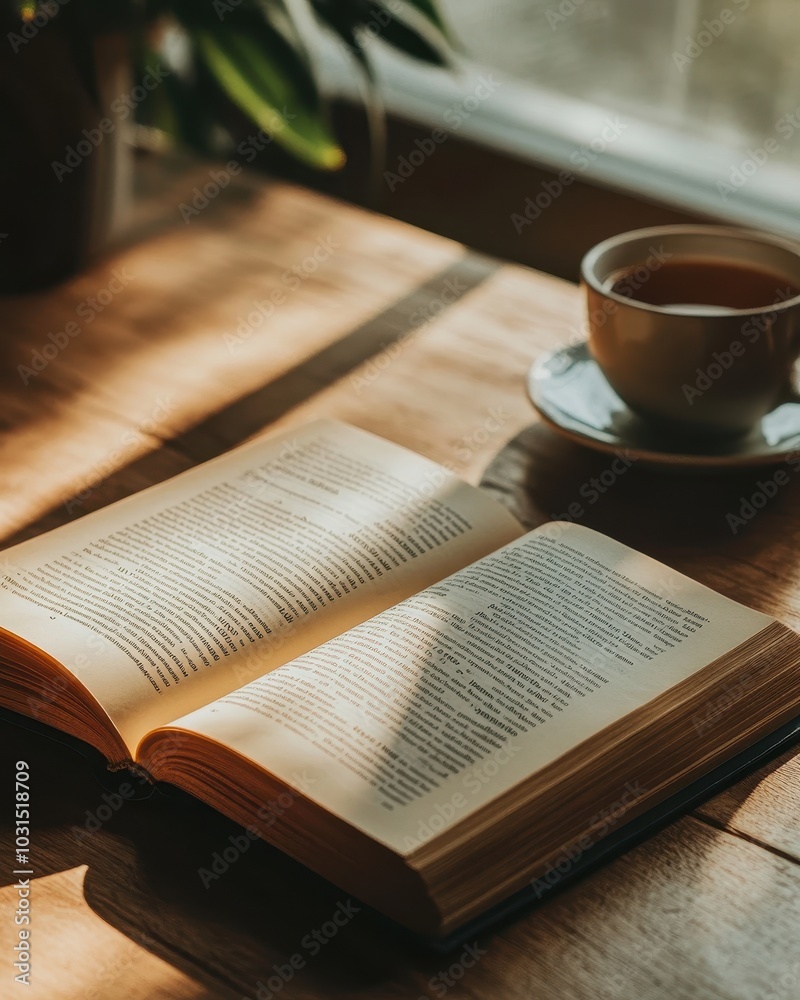 Fototapeta premium Open Book and Cup of Tea on a Wooden Table in Warm Sunlight.
