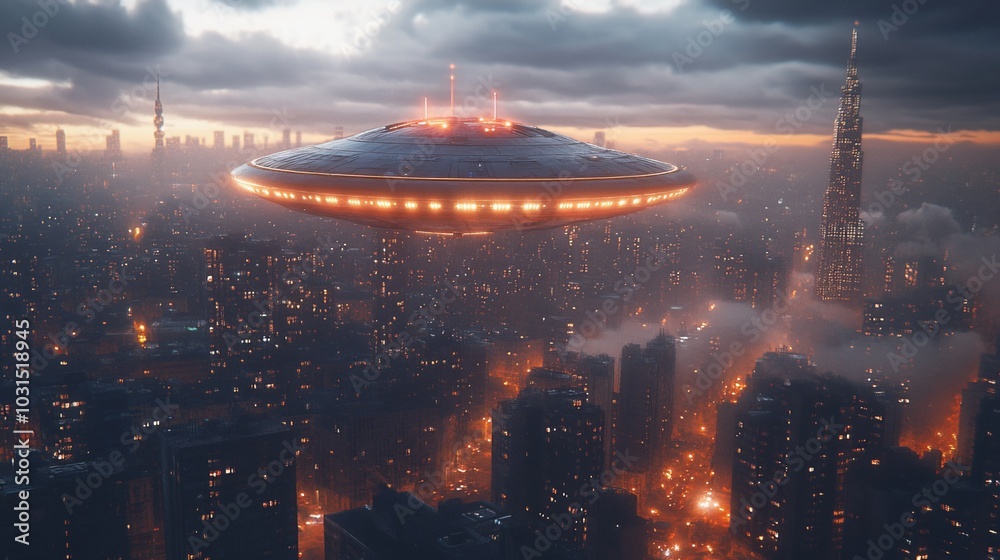 A futuristic flying saucer hovers over a cityscape at sunset. A futuristic flying saucer hovers over a cityscape at sunset.