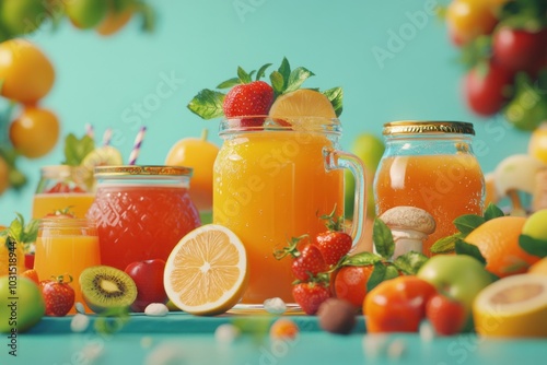 Fresh Organic Juices with Vibrant Fruits and Herbs