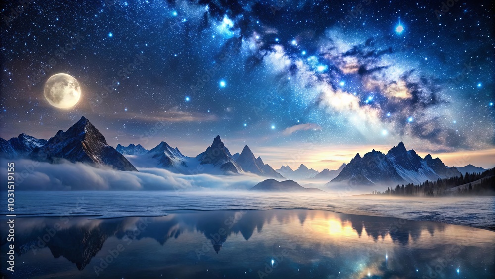 A Serene Night Sky Over A Mountain Range With A Full Moon Shining Brightly, Reflected In The Still Waters Below A Serene Night Sky Over A Mountain Range With A Full Moon Shining Brightly, Reflected In The Still Waters Below