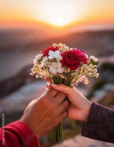 Dos manos entrelazadas de una pareja, de diferentes tonos de piel, sobre un fondo difuminado con un atardecer rosado y naranjo. Las manos sostienen un pequeño ramo de flores rojas y blancas. photo