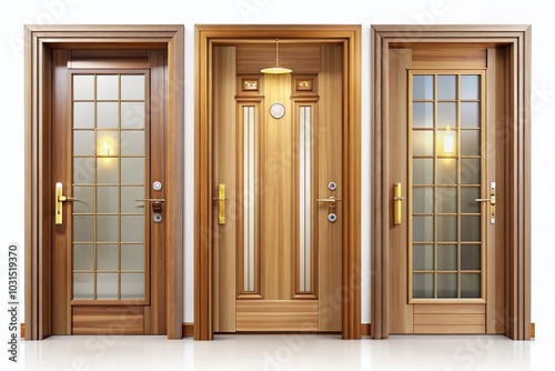 Modern Wooden Doors Collection in Cartoon Style - Vector Illustration of Elegant Entrances with Glass and Golden