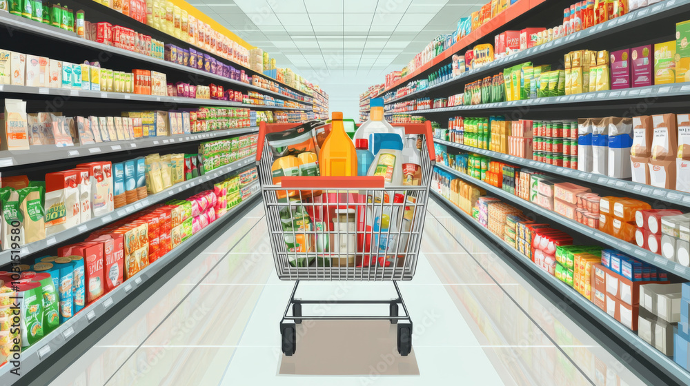 Illustration of Shopping Cart in Supermarket Aisle Filled With Groceries
Illustration of Shopping Cart in Supermarket Aisle Filled With Groceries