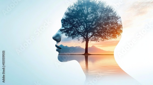 Silhouette of a head with a tree inside, symbolic of nature and tranquility. photo