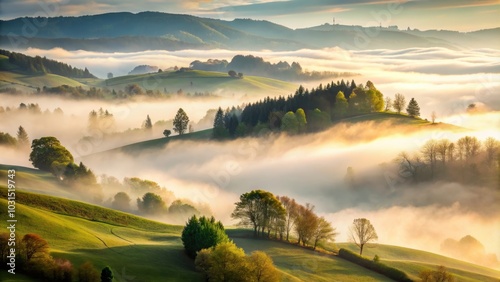 Misty landscape with fog covering the rolling hills and trees, fog, mist, landscape, trees, hills, nature, atmospheric, serene