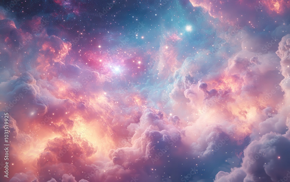 Abstract Cosmic Cloudscape with Stars and Nebula - Dreamy Pastel Colors.