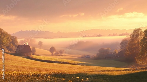 Serene Landscape at Sunrise with Soft Mist and Fields