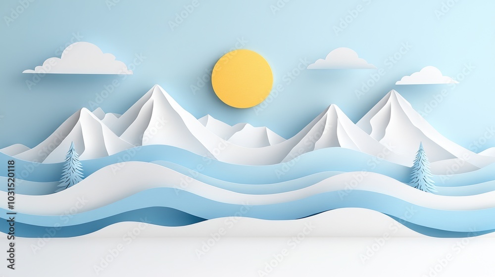 Stylized paper cut mountains and sun with blue waves, minimalist design, soft color palette. Stylized paper cut mountains and sun with blue waves, minimalist design, soft color palette.