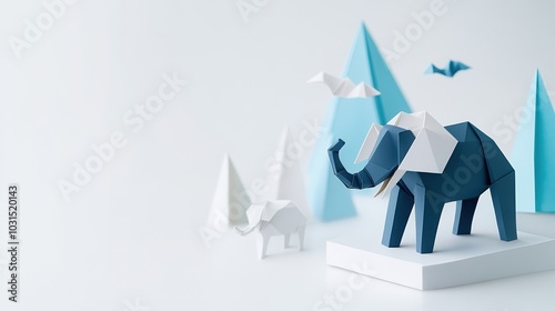 Stylized paper elephant and mountains on a white isolated background. photo