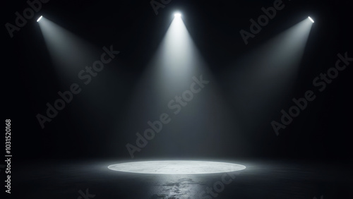 Backlight effects. Glowing brightly stage lamps design. Projector beams on black background.