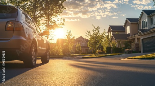 A well-maintained used car parked in front of a home, with the sun setting behind it, representing a reliable second-hand purchase