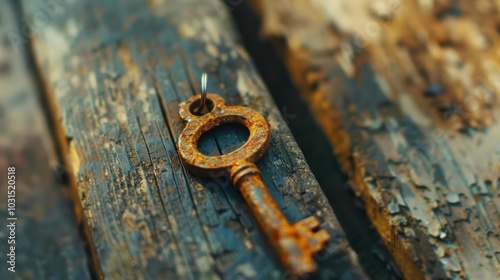 Rusty Key on Wooden Surface