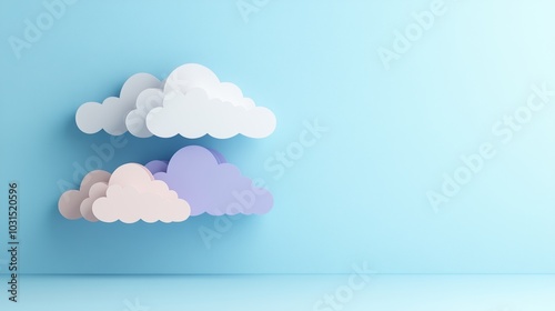 Three colorful paper clouds on a blue wall, creating a playful atmosphere.