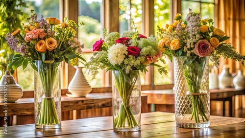 A trio of floral arrangements, each with a unique and delicate vase, creates a vibrant centerpiece on a rustic wooden table.