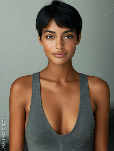 Portrait of a young Indian woman with short black hair, wearing a business casual outfit