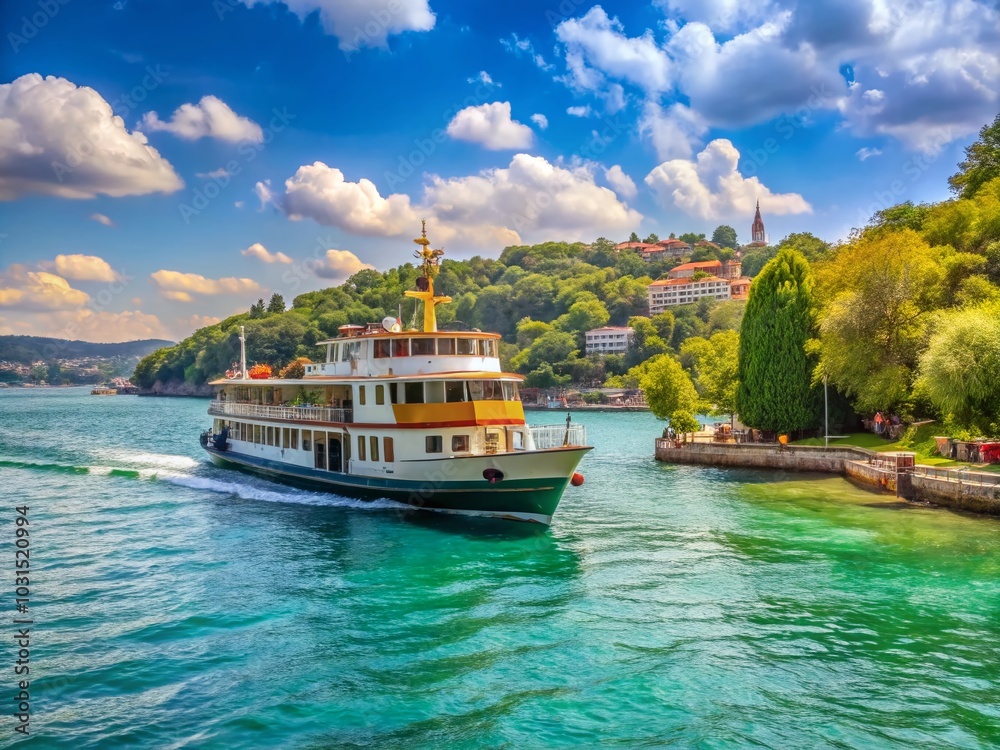 Obraz premium Moored Ferry Boat on Bosphorus: A Sunny Summer Scene in Kurucesme, Istanbul