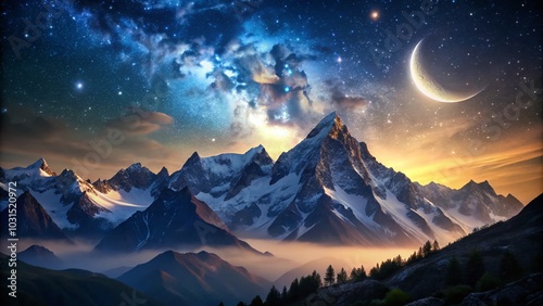 Moonlit Mountains Under a Starry Sky with Crescent Moon – Night Landscape Photography