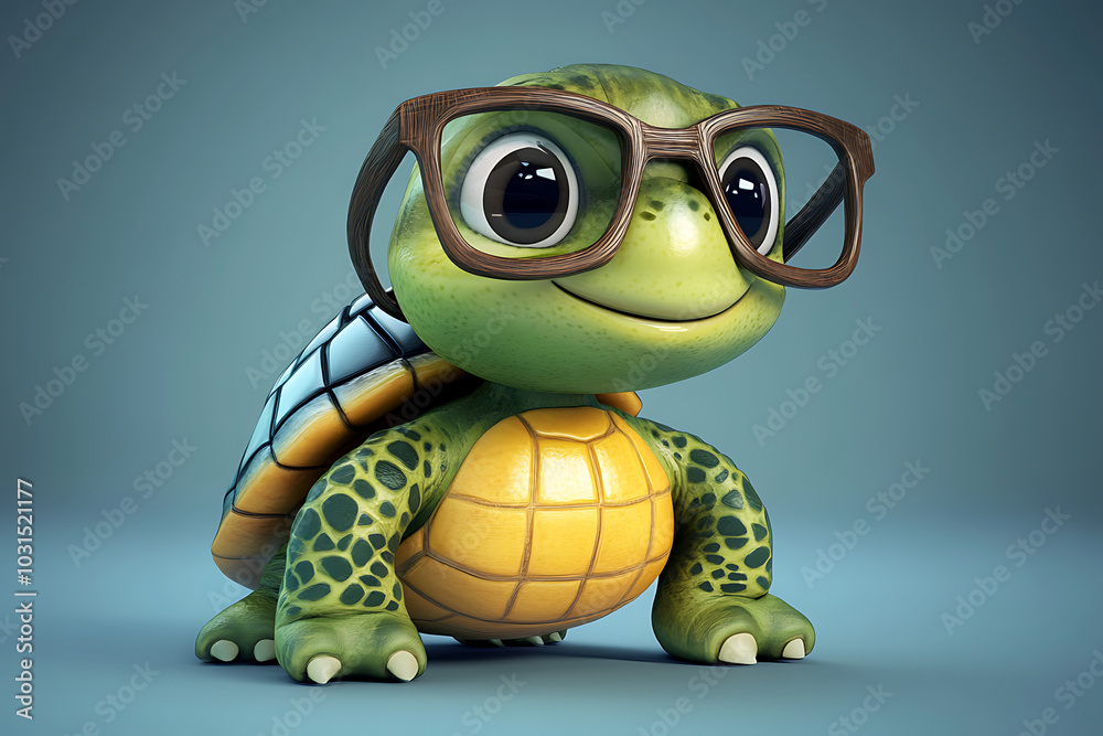 Fototapeta premium A cute cartoon turtle wearing glasses, designed for a playful and friendly visual appeal.