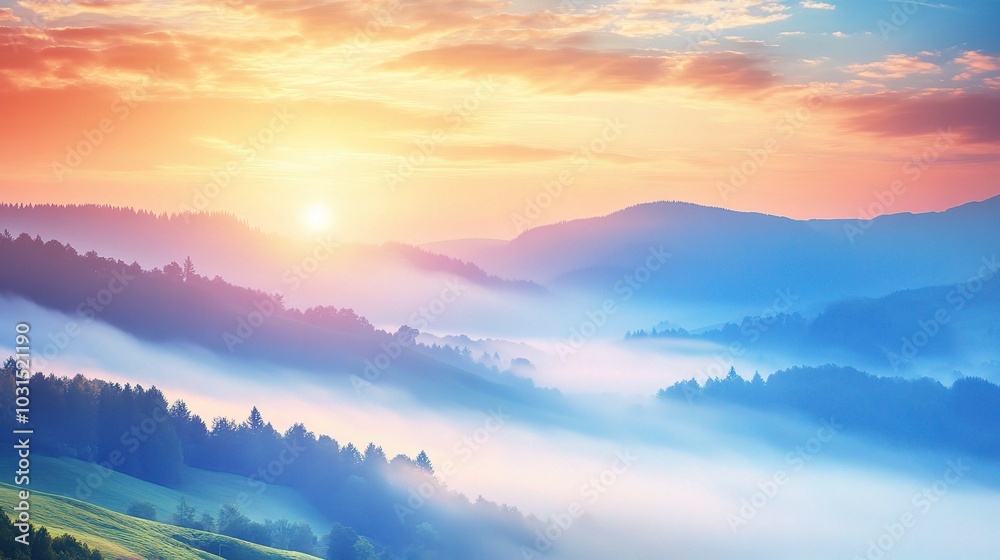 Obraz premium Serene Sunrise Over Misty Mountains Landscape