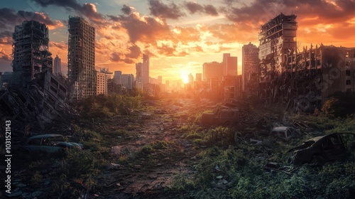 Apocalyptic Cityscape Sunset Over Ruins and Abandoned Cars.