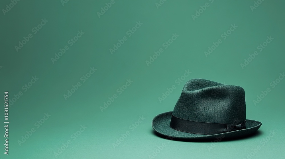 A minimalist image of a trilby hat isolated against a solid green background. The narrow brim and indented crown stand out, emphasizing simplicity and modern sophistication. A minimalist image of a trilby hat isolated against a solid green background. The narrow brim and indented crown stand out, emphasizing simplicity and modern sophistication.