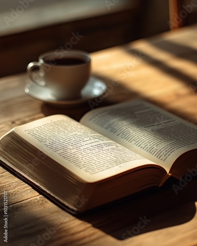 Open Book with Coffee Cup on Wooden Table in Sunlight.