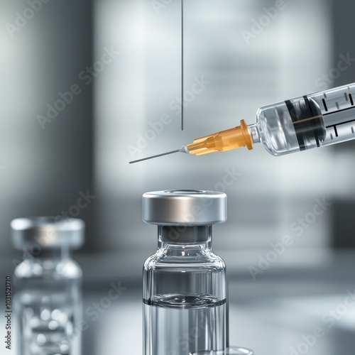 Closeup of Syringe Filling a Vial with Liquid Medication - Medical Concept.