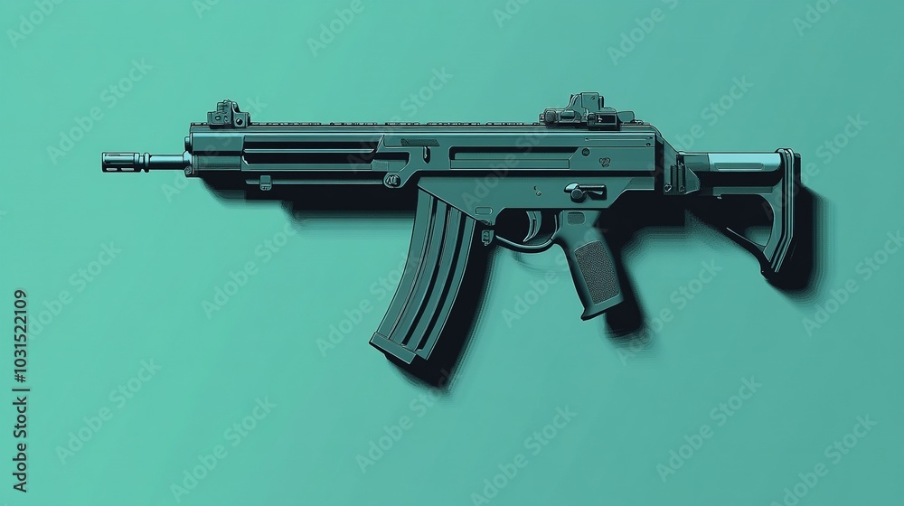 A minimalist image of a light machine gun isolated against a solid green background. The functional design and large magazine create a distinct silhouette, emphasizing simplicity and utility. A minimalist image of a light machine gun isolated against a solid green background. The functional design and large magazine create a distinct silhouette, emphasizing simplicity and utility.