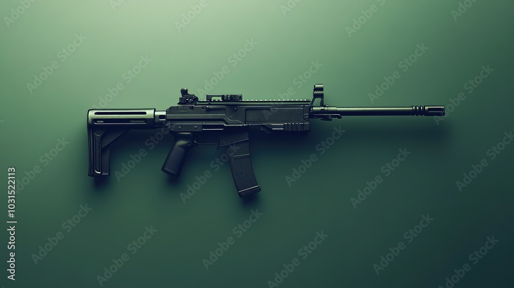 A minimalist image of a machine gun isolated against a solid green background. The heavy-duty design and extended barrel contrast with the vibrant green, highlighting simplicity and firepower. A minimalist image of a machine gun isolated against a solid green background. The heavy-duty design and extended barrel contrast with the vibrant green, highlighting simplicity and firepower.