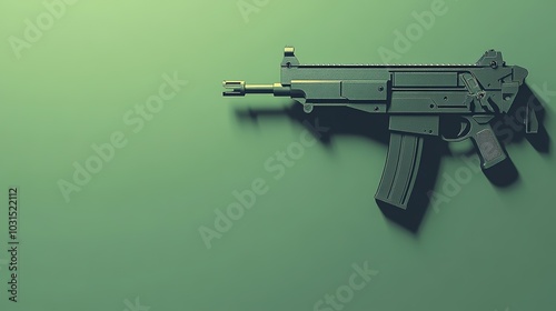 A minimalist image of a light machine gun isolated against a solid green background. The functional design and large magazine create a distinct silhouette, emphasizing simplicity and utility.