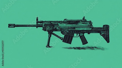 A minimalist image of a heavy machine gun isolated against a solid green background. The robust, industrial form contrasts with the vibrant green, highlighting simplicity and sheer power.