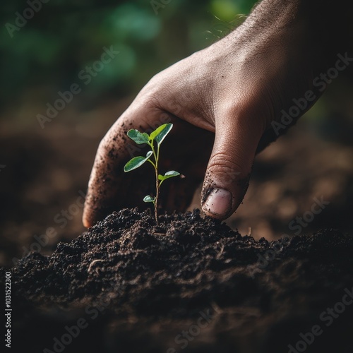 Hand Planting a Sapling in Rich Soil, Closeup of Green Sprout, New Life Growth, Sustainable Gardening Concept.