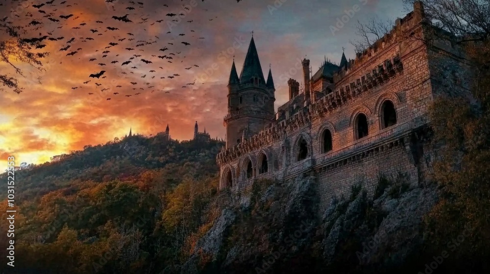 Naklejka premium Spooky old medieval castle: Ancient eerie castle on mountain, swarm of bats and full moon behind. Halloween, horror, fairytale background concept. 