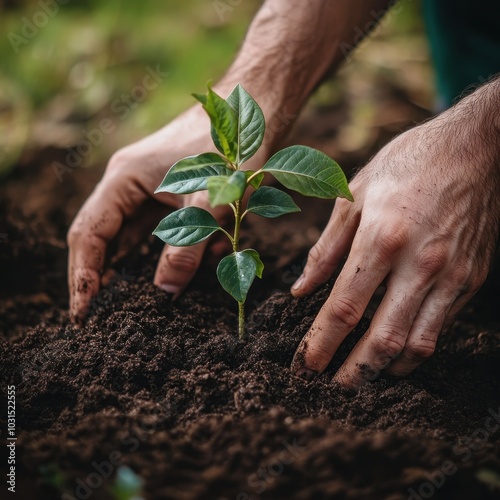 Closeup of Hands Planting a Sapling in Rich Soil, Symbol of Growth and Sustainability.