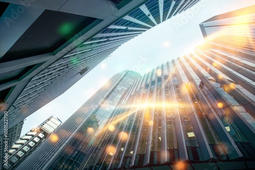 Wallpaper Mural A low angle view of a skyscraper in a city, the sun glinting off the windows. Torontodigital.ca