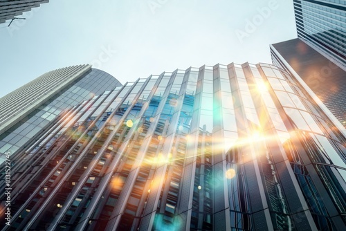 Wallpaper Mural A low-angle view of a modern skyscraper in a city, with reflective glass windows and a bright, sunny sky above. Torontodigital.ca