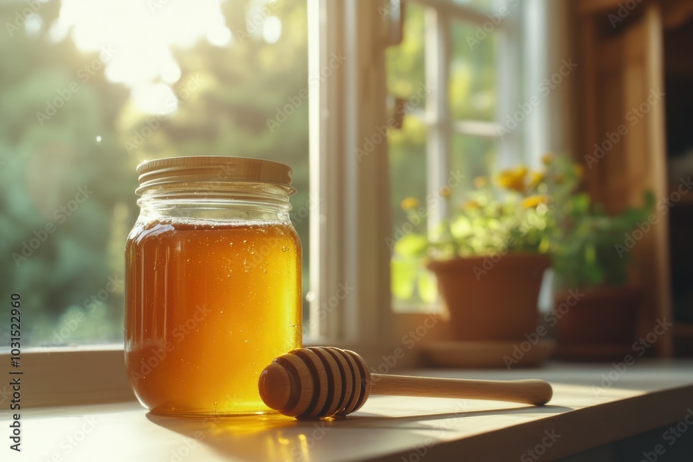A honey jar with a wooden dipper placed on a kitchen shelf, with sunlight streaming through a window, highlighting the golden hues and the simplicity of natural, unprocessed honey A honey jar with a wooden dipper placed on a kitchen shelf, with sunlight streaming through a window, highlighting the golden hues and the simplicity of natural, unprocessed honey