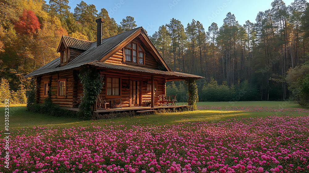 An old wooden cabin with ivy and wild roses wrapping around its porch, with delicate rose petals scattered across the ground, set against a backdrop of tall trees and a clear blue sky An old wooden cabin with ivy and wild roses wrapping around its porch, with delicate rose petals scattered across the ground, set against a backdrop of tall trees and a clear blue sky