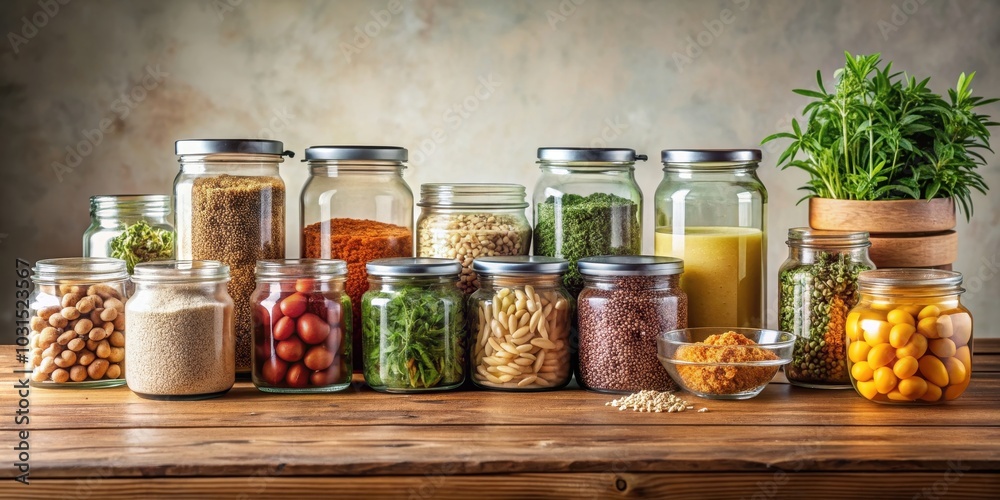 Sustainable kitchen concept with bulk foods in glass jars on wooden table , eco-friendly, zero waste Sustainable kitchen concept with bulk foods in glass jars on wooden table , eco-friendly, zero waste