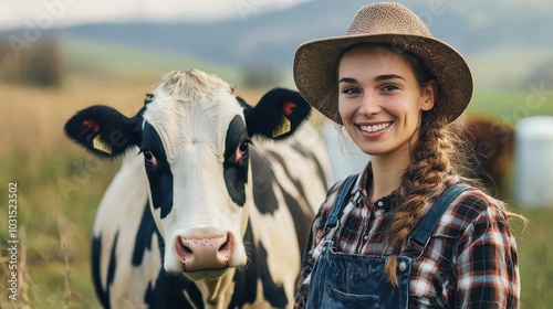 Happy Farmer Smiling with Dairy Cow in Pasture